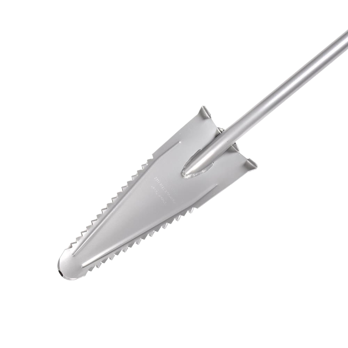 Large durable gardening shovel with serrated edges and pointed tip for cutting through tough roots, lightweight and handcrafted, ideal for farm, garden & tool use.