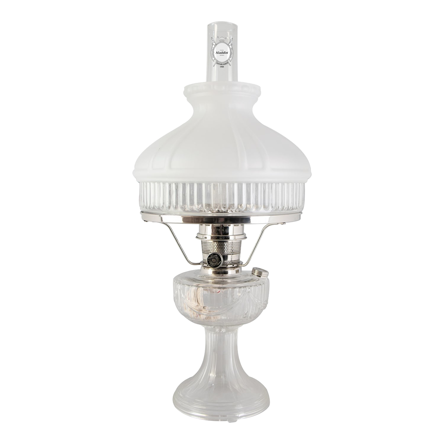Handcrafted Aladdin Lincoln Drape oil lamp featuring a frosted white top shade with ribbed clear glass base, bright enough for reading, ideal for Farm, Garden & Tool, Lamps & Lighting, Emergency Supplies, Oil Lamps, Table Lamps, Best Sellers, and Promo Eligible collections.
