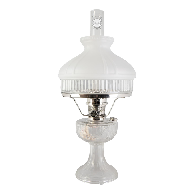 Handcrafted Aladdin Lincoln Drape oil lamp featuring a frosted white top shade with ribbed clear glass base, bright enough for reading, ideal for Farm, Garden & Tool, Lamps & Lighting, Emergency Supplies, Oil Lamps, Table Lamps, Best Sellers, and Promo Eligible collections.
