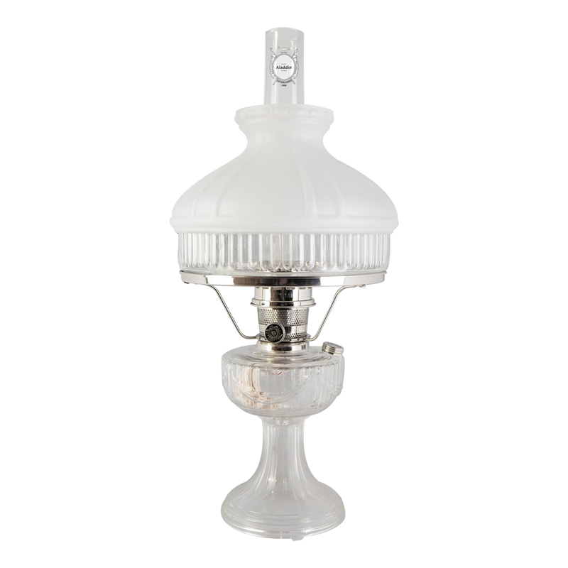 Handcrafted Aladdin Lincoln Drape oil lamp featuring a frosted white top shade with ribbed clear glass base, bright enough for reading, ideal for Farm, Garden & Tool, Lamps & Lighting, Emergency Supplies, Oil Lamps, Table Lamps, Best Sellers, and Promo Eligible collections.