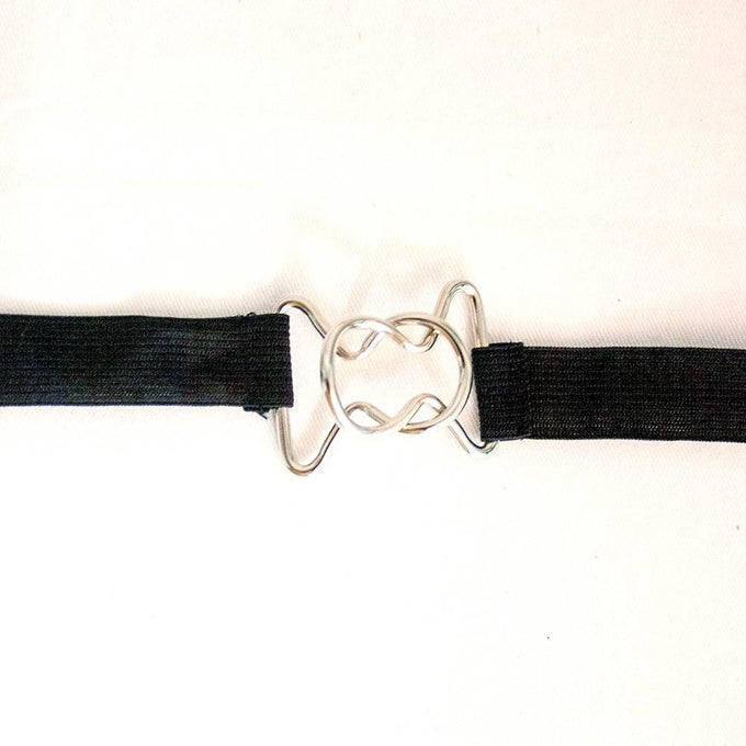 Close-up of a silver metal clasp connecting two ends of a black elastic strap, designed to secure heavy-duty outdoor air conditioner covers, featured in Home & Decor and Best Sellers collections.