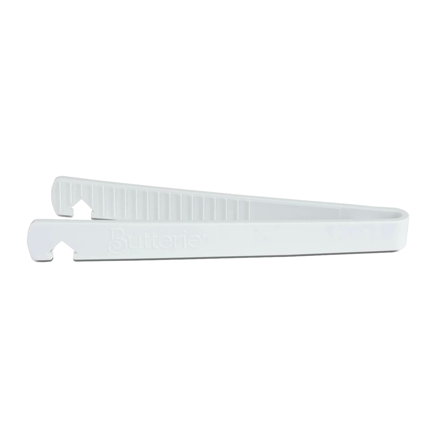 White Butterie toaster tongs featuring serrated teeth and an integrated oven rack hook, designed for safe heat handling, included in Kitchen & Food and Kitchen Gadgets collections.