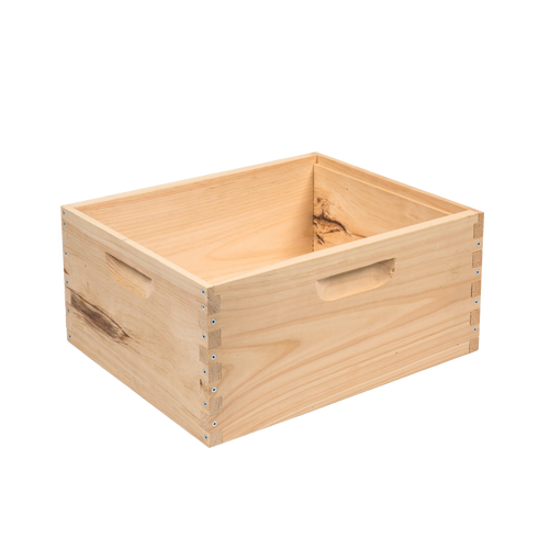 Handcrafted deep wooden beehive box with built-in handles, made in USA, Amish made, ideal for farm, garden, and beekeeping supplies in 10-frame hives and components collections.