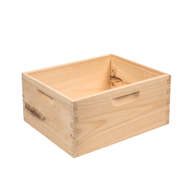 Handcrafted deep wooden beehive box with built-in handles, made in USA, Amish made, ideal for farm, garden, and beekeeping supplies in 10-frame hives and components collections.