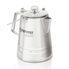 Stainless steel coffee percolator with a polished finish, clear glass knob, and foldable handle, designed for gentle brewing in Kitchen & Food, Camping, and Brewing Coffee and Tea collections.