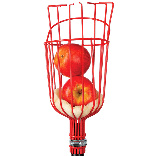 Red metal replacement head designed for fruit harvesting, holding two apples securely, compatible with garden accessories and farm tools collections.
