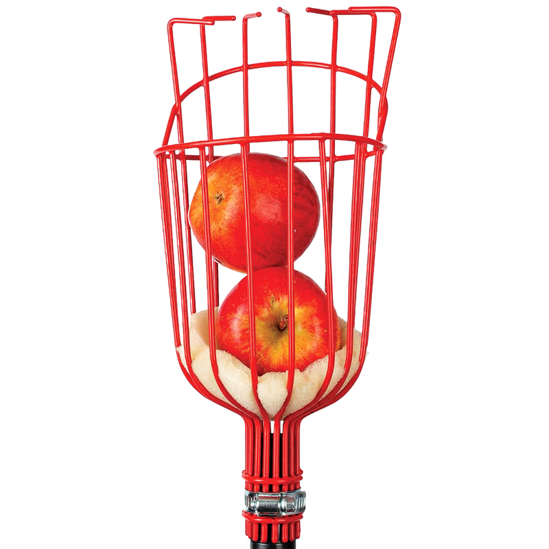 Red metal replacement head designed for fruit harvesting, holding two apples securely, compatible with garden accessories and farm tools collections.