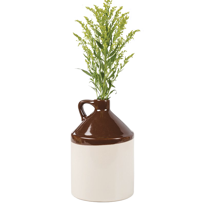 Handcrafted stoneware jug with handle in two-tone brown and cream glaze, featuring a narrow neck and filled with greenery, ideal for Kitchen & Food, Storage and Serving, Best Sellers, Promo Eligible collections.