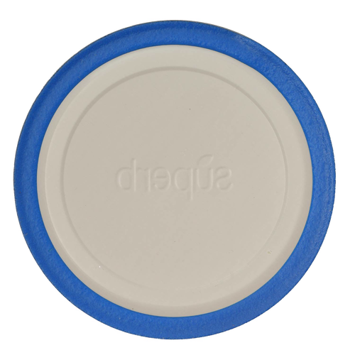 Top view of a wide-mouth canning jar lid featuring a white center with a blue sealing edge, designed for durable, high-pressure food preservation in Kitchen & Food collections made in USA.
