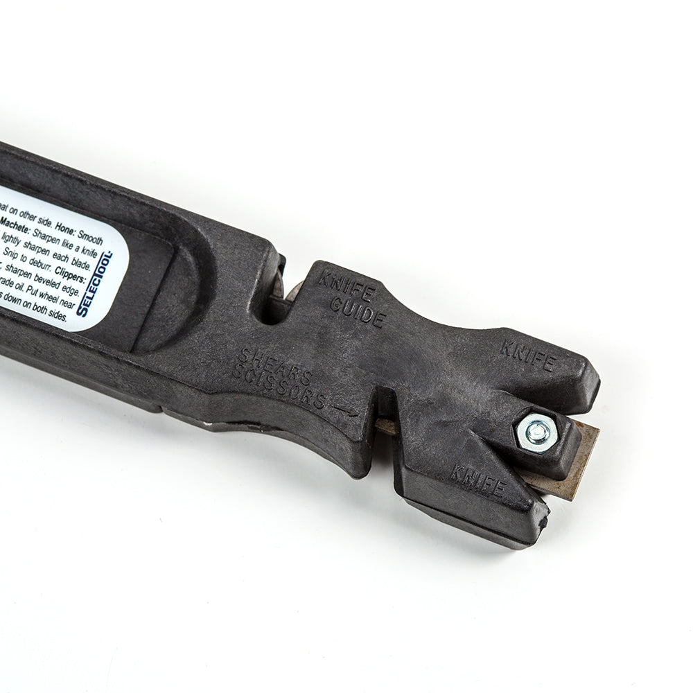 This one tool takes care of everything from the kitchen to the workshop. Other tools make you sharpen both sides of the blade at once; it's almost impossible to get a precise angle on both sides. The SelecTool has two guides for sharpening first one side, then the other, so you get a precise angle - and a razor-sharp edge - every time, no skill required. At Lehmans.com.