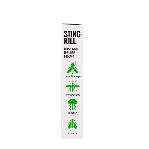 Side view of Sting Kill disposable swabs packaging showing instant relief for bites and stings from bees, wasps, mosquitoes, jellyfish, and other insects, highlighting USA Made health and wellness product.