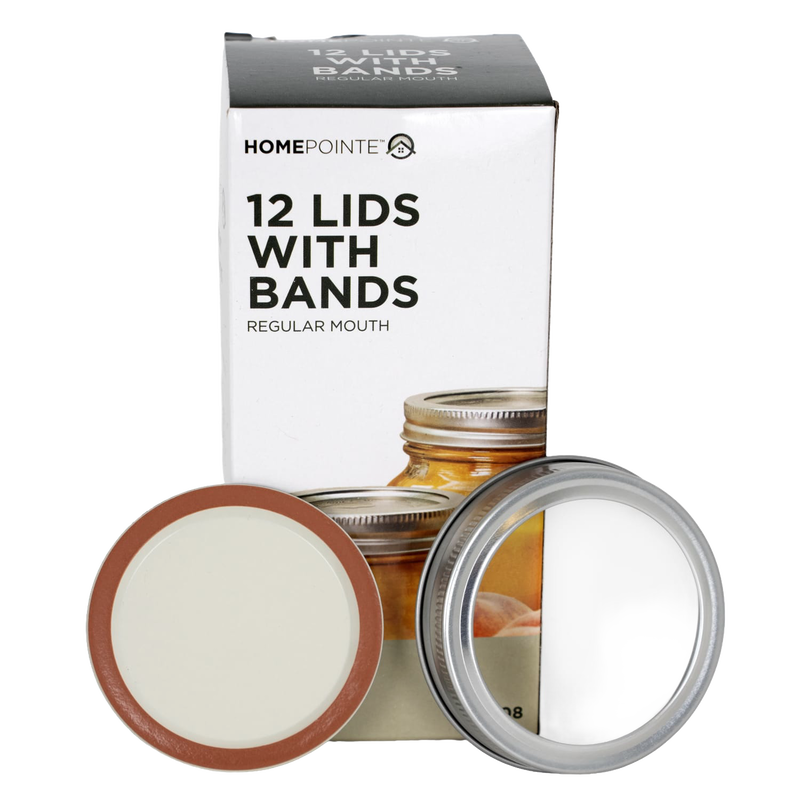 Box of 12 regular-mouth canning jar lids and matching bands with BPA-free sealing compound, displayed with a sealed glass jar, ideal for Kitchen & Food and Food Preservation collections including Canning and Best Sellers.