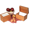 Handcrafted solid oak recipe box with smooth protective finish and recessed hinges, shown with handwritten recipe cards, fresh apples in a ceramic bowl, and eggs on a red checkered cloth, ideal for Kitchen & Food, Cookware, Baking Supplies, Holiday Hosting, Kitchen Gadgets, Kitchen Accessories, Storage and Serving, USA Made, Best Sellers, and Promo Eligible collections.