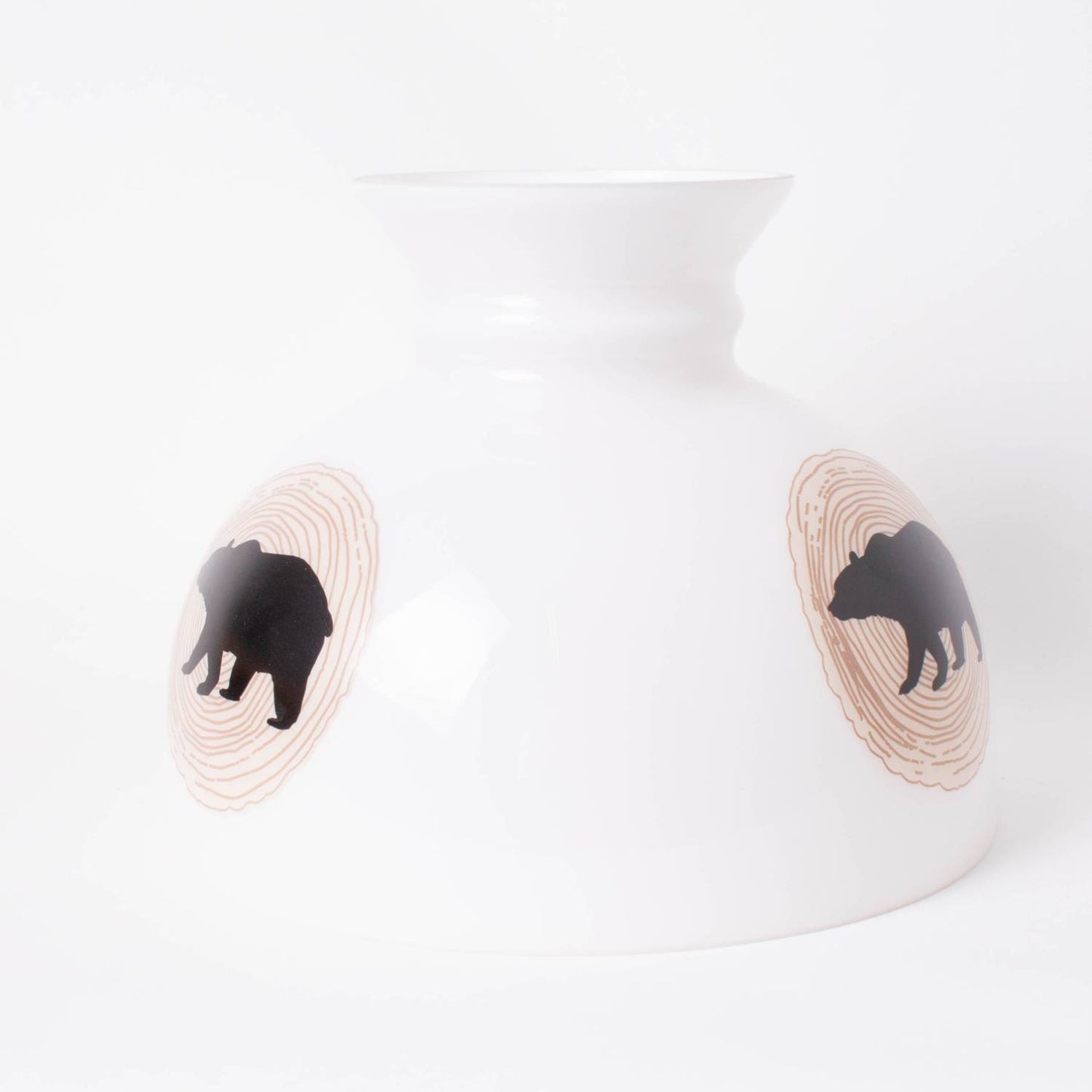 Handcrafted white glass lamp shade featuring black silhouette bear designs over subtle wood grain rings, part of Lamps & Lighting, Parts and Accessories, Lamp Shades, Best Sellers, and Promo Eligible collections.