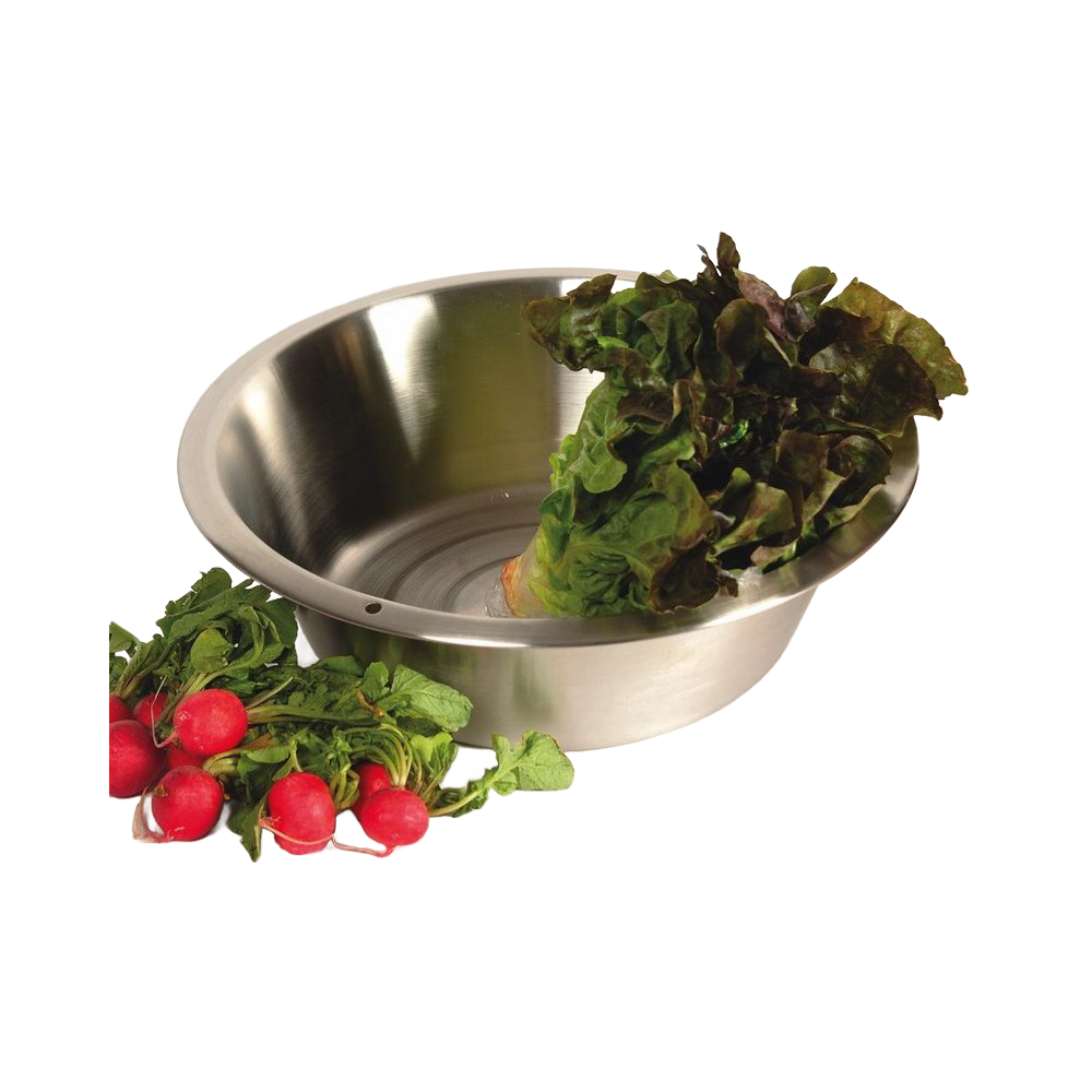 Deep round stainless steel dishpan with a flat base, partially filled with leafy greens and fresh radishes nearby, designed for versatile household and cleaning use in Home & Decor and Cleaning Utensils collections.