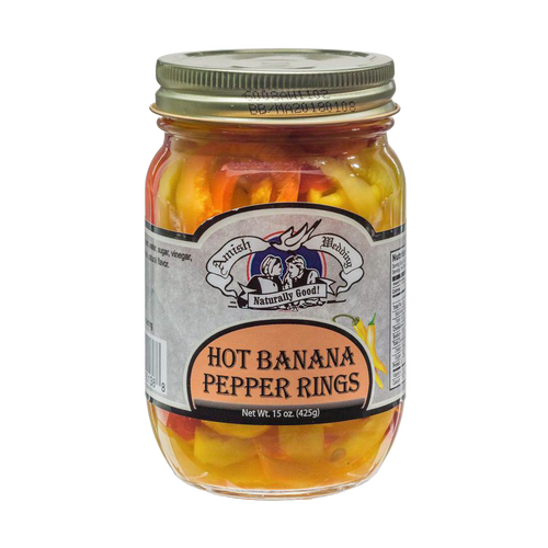 Glass jar of handcrafted hot banana pepper rings, made in USA, ideal for Kitchen & Food, Pantry, Best Sellers, and Promo Eligible collections.
