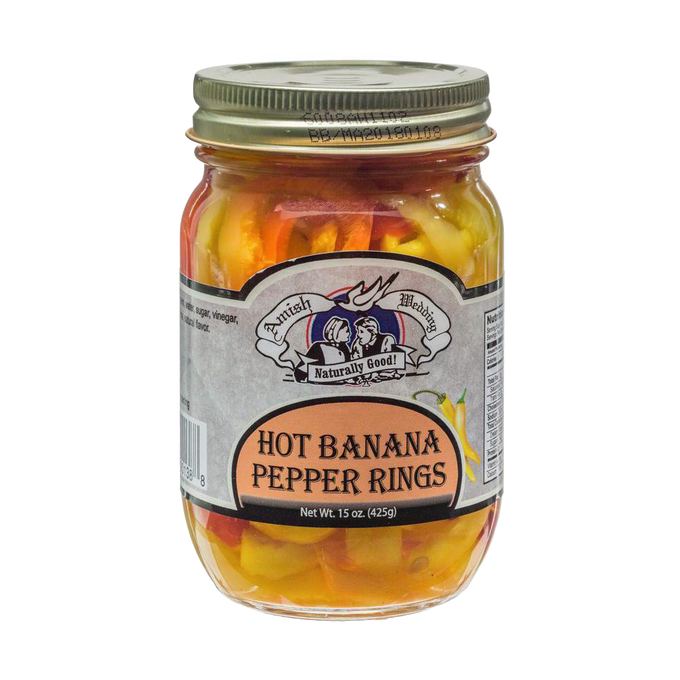 Glass jar of handcrafted hot banana pepper rings, made in USA, ideal for Kitchen & Food, Pantry, Best Sellers, and Promo Eligible collections.