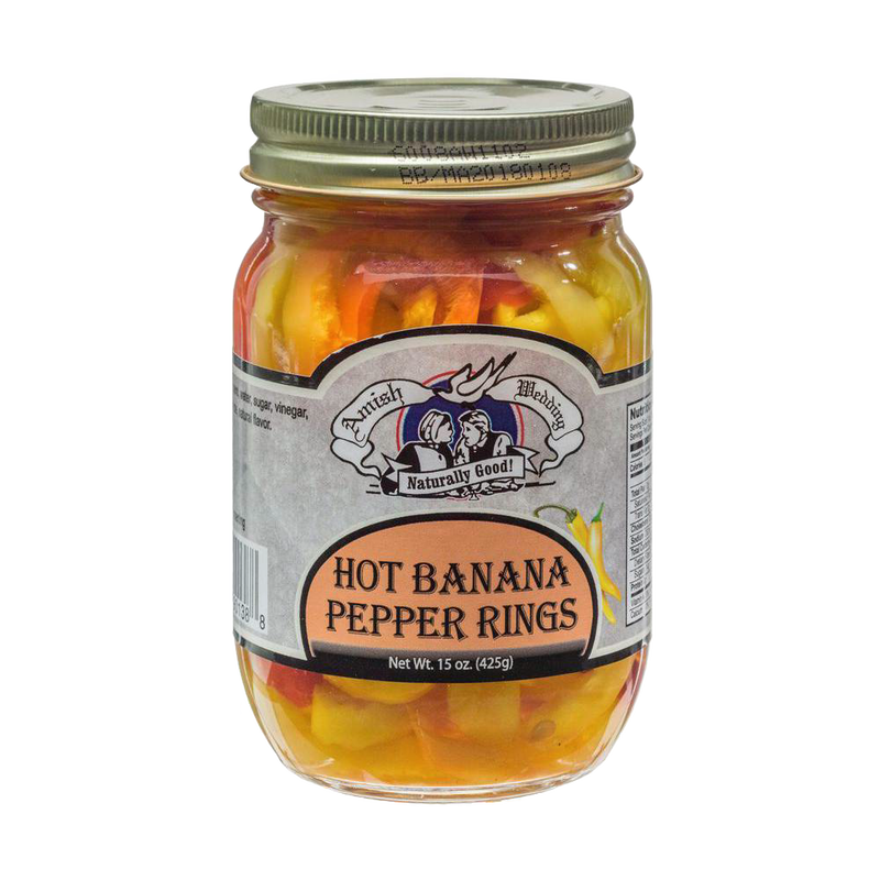 Glass jar of handcrafted hot banana pepper rings, made in USA, ideal for Kitchen & Food, Pantry, Best Sellers, and Promo Eligible collections.