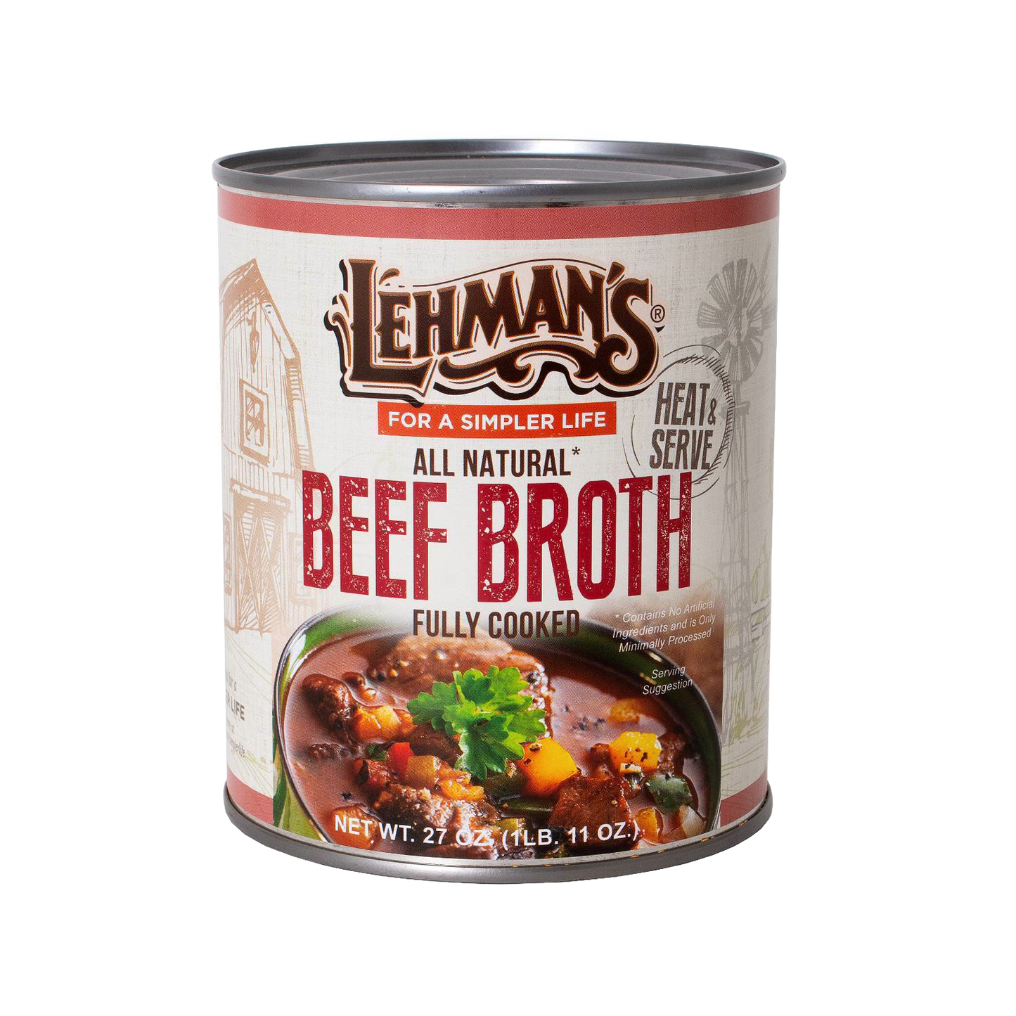 Can of Lehman's handcrafted all-natural beef broth, fully cooked and ready to heat, featuring a hearty beef and vegetable stew image, ideal for Farm, Garden & Tool, Kitchen & Food, Emergency Supplies, Food, Meats, Best Sellers, and Promo Eligible collections.