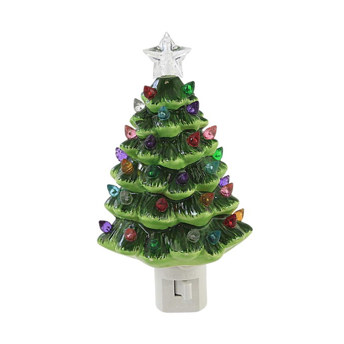 Handcrafted ceramic green Christmas tree nightlight with multicolored bulbs and clear star topper, designed for festive glow, featured in Home & Decor, Holiday Decor, Best Sellers, and Promo Eligible collections.