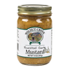 Glass jar of handcrafted roasted garlic mustard with gold metal lid and label featuring farmland scene, made in USA, ideal for Kitchen & Food, Pantry, USA Made, Best Sellers, Promo Eligible collections