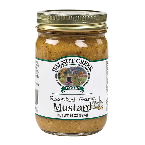 Glass jar of handcrafted roasted garlic mustard with gold metal lid and label featuring farmland scene, made in USA, ideal for Kitchen & Food, Pantry, USA Made, Best Sellers, Promo Eligible collections