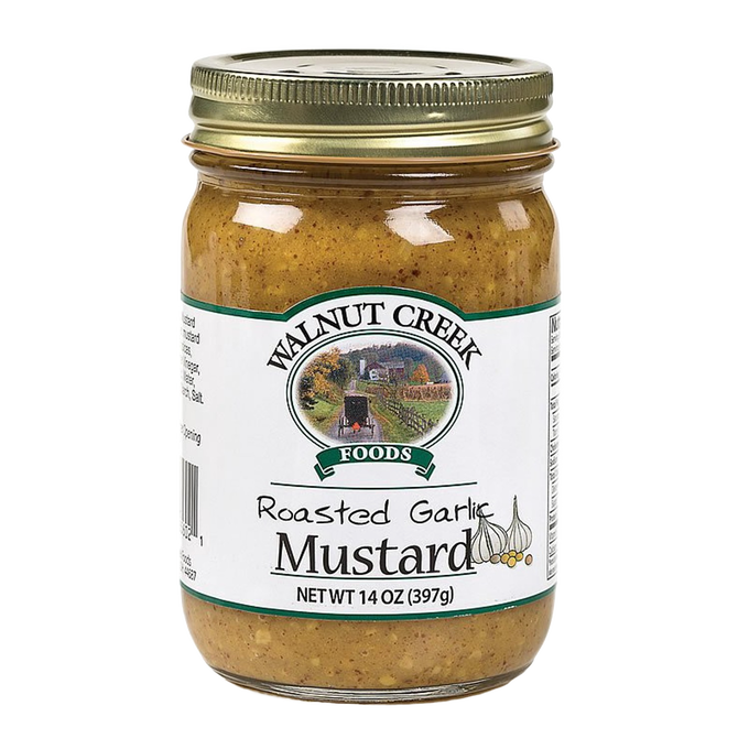 Glass jar of handcrafted roasted garlic mustard with gold metal lid and label featuring farmland scene, made in USA, ideal for Kitchen & Food, Pantry, USA Made, Best Sellers, Promo Eligible collections