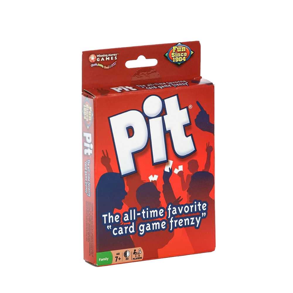 Red game box featuring bold white text "Pit" and silhouettes of people trading cards, highlighting a lively card game for ages 7 and up in Toys, Books & Games and Table and Board Games collections.