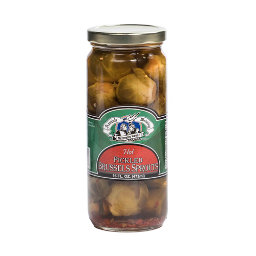 Glass jar of handcrafted hot pickled Brussels sprouts in spicy brine, made in USA, perfect for Kitchen & Food, Pantry, Best Sellers, and Promo Eligible collections.