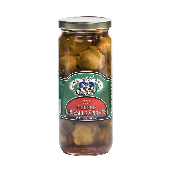 Glass jar of handcrafted hot pickled Brussels sprouts in spicy brine, made in USA, perfect for Kitchen & Food, Pantry, Best Sellers, and Promo Eligible collections.