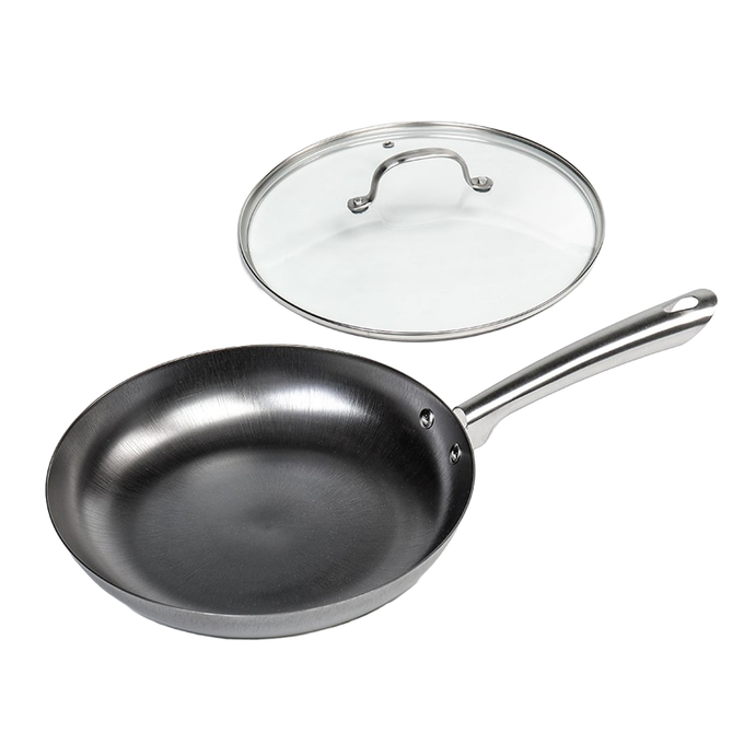 Handcrafted nitrogen-hardened cast iron skillet with smooth stainless steel handle and removable clear glass lid, featured in Kitchen & Food, Cookware, Cast Iron, and Best Sellers collections.