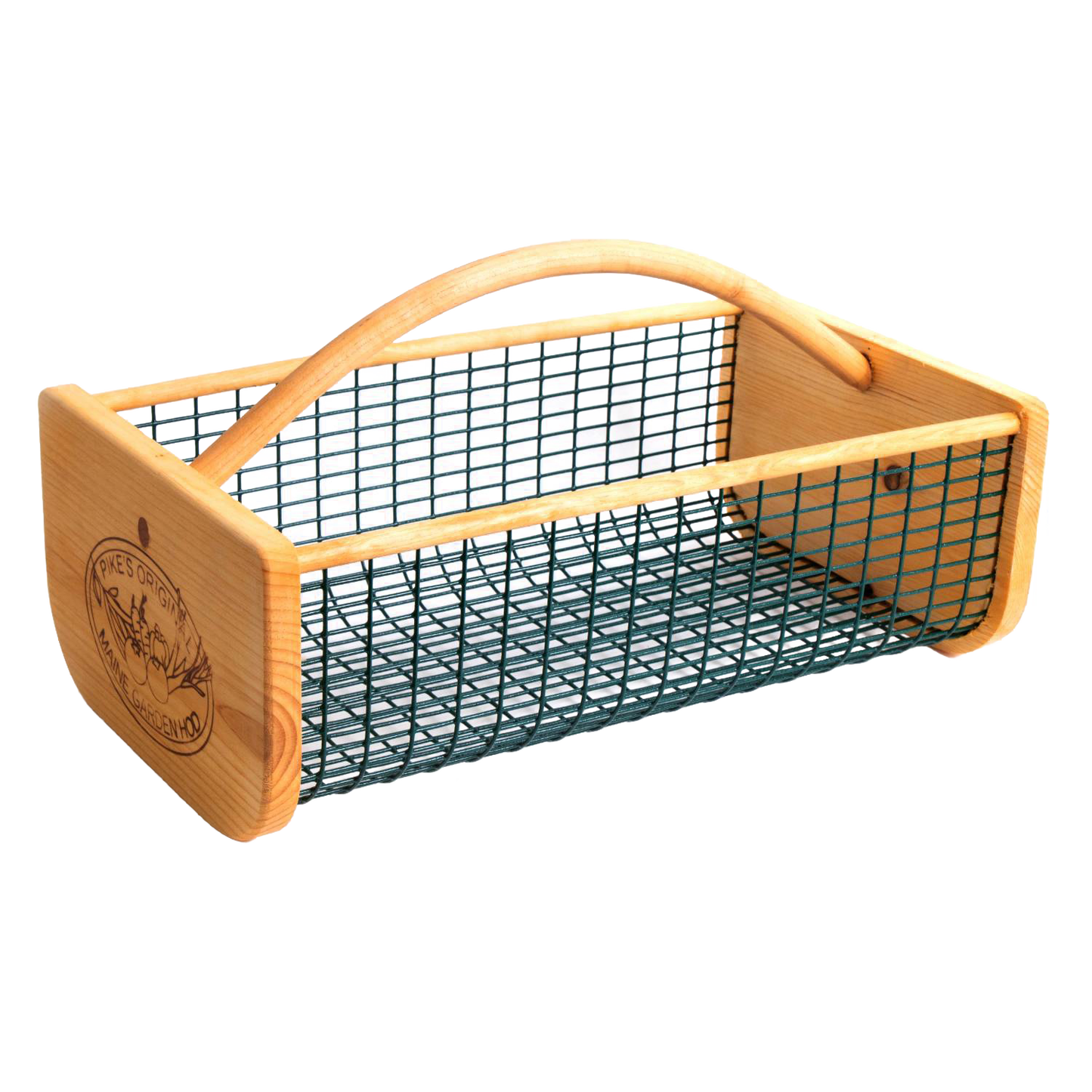 Handcrafted garden basket with smooth wooden ends, engraved logo, and green wire mesh body featuring an arched wooden handle, part of Farm, Garden & Tool, Garden Accessories, USA Made, Best Sellers, and Promo Eligible collections.