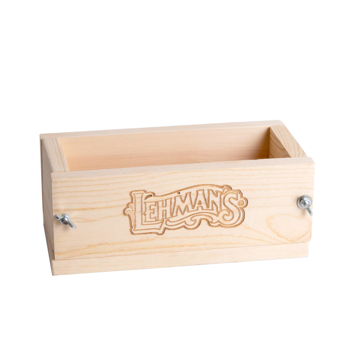 Handcrafted pine wooden soap mold with adjustable wingnuts and engraved branding, designed for cold process soapmaking, featured in Health & Wellness and USA Made collections.
