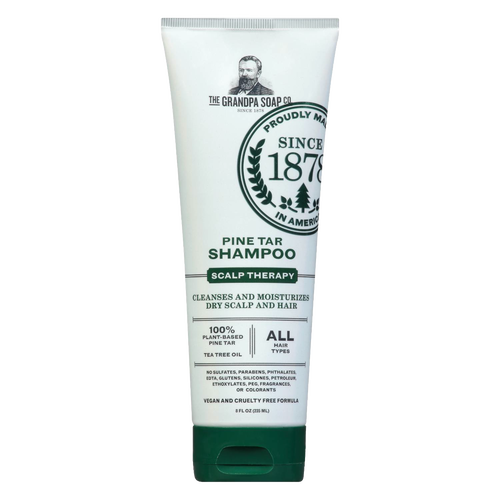 Tube of handcrafted pine tar shampoo made in USA with plant-based ingredients for dry, itchy scalp relief, featured in Health & Wellness and Grooming collections.
