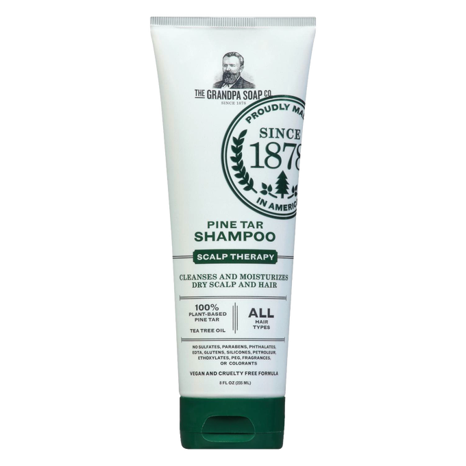 Tube of handcrafted pine tar shampoo made in USA with plant-based ingredients for dry, itchy scalp relief, featured in Health & Wellness and Grooming collections.