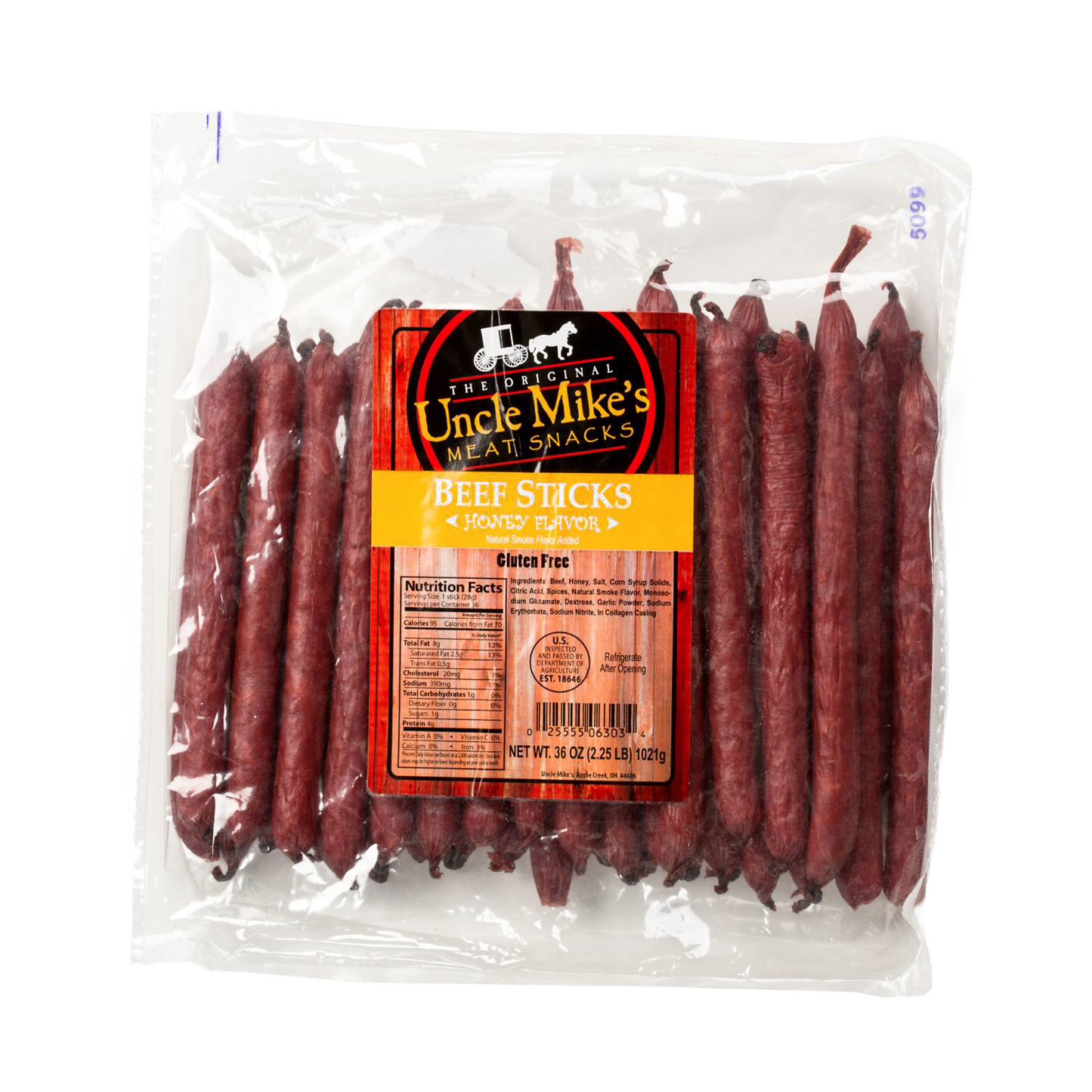 Large vacuum-sealed pack of handcrafted hickory-flavored beef sticks, produced in USA, perfect for Kitchen & Food, Snacks and Sweets, Meats, Holiday Hosting, Best Sellers, and Promo Eligible collections.