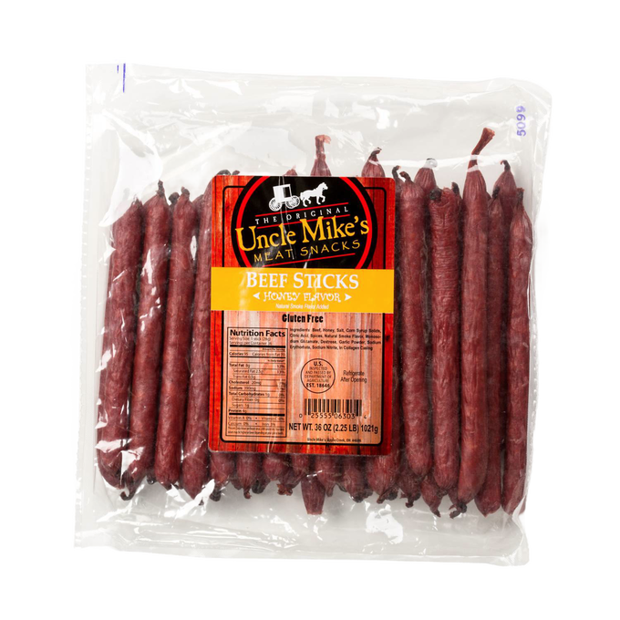 Large vacuum-sealed pack of handcrafted hickory-flavored beef sticks, produced in USA, perfect for Kitchen & Food, Snacks and Sweets, Meats, Holiday Hosting, Best Sellers, and Promo Eligible collections.