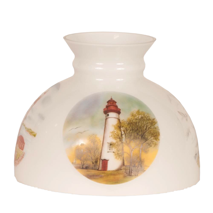 Opaque white glass lamp shade featuring a painted lighthouse scene with trees and a sunset sky, handcrafted accessory for Lamps & Lighting, Parts and Accessories, Lamp Shades collections.