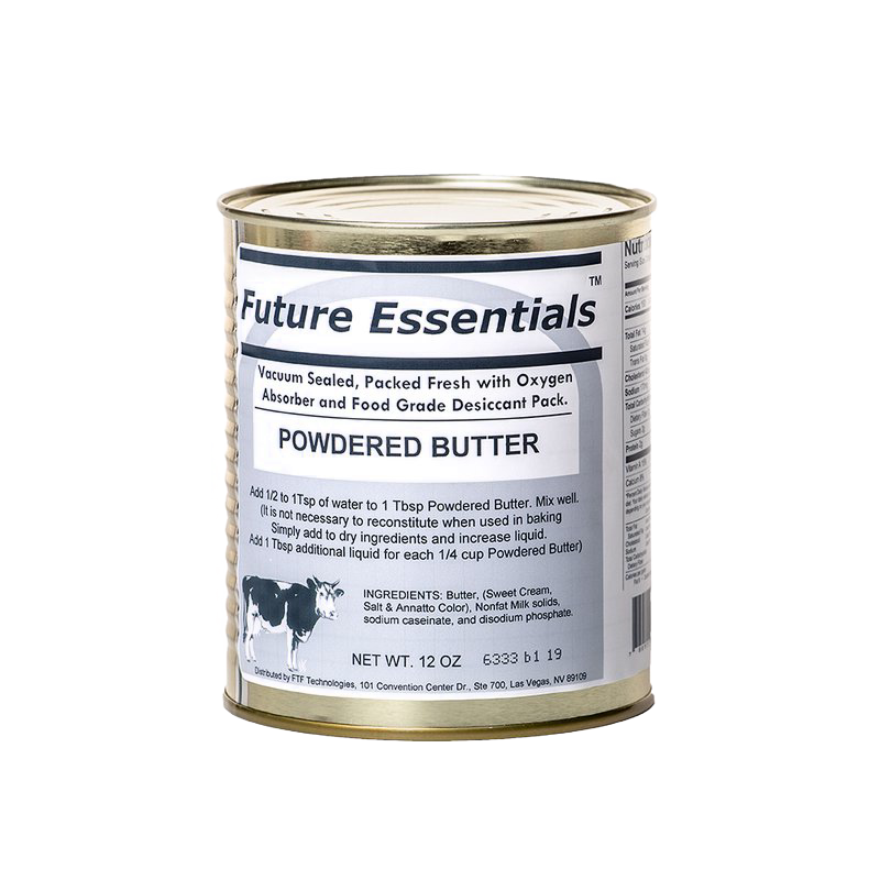 12 oz can of powdered butter with vacuum-sealed packaging, oxygen absorber, and detailed instructions, ideal for pantry, emergency supplies, Farm, Garden & Tool, Kitchen & Food, USA Made, and Best Sellers collections.