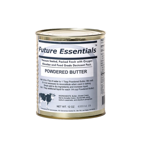 12 oz can of powdered butter with vacuum-sealed packaging, oxygen absorber, and detailed instructions, ideal for pantry, emergency supplies, Farm, Garden & Tool, Kitchen & Food, USA Made, and Best Sellers collections.