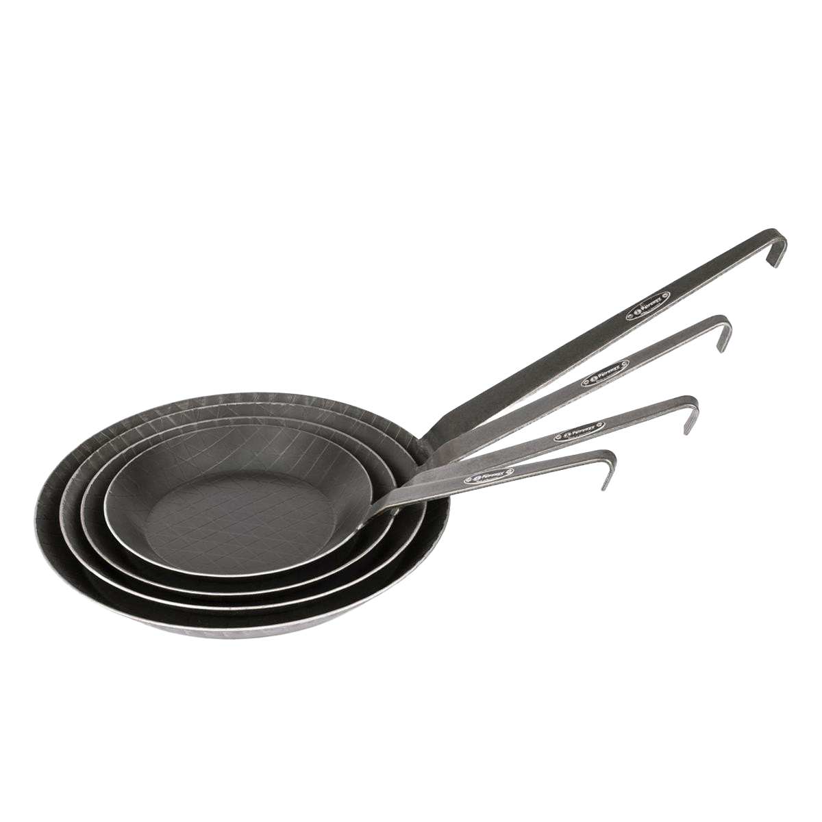 Stack of four handcrafted wrought iron pans with long hooks on handles, featuring textured surfaces for even cooking, ideal for Farm, Garden & Tool, Kitchen & Food, Camping, Cookware, Pots and Pans, Best Sellers, and Promo Eligible collections.