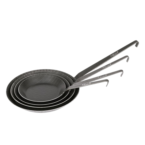 Stack of four handcrafted wrought iron pans with long hooks on handles, featuring textured surfaces for even cooking, ideal for Farm, Garden & Tool, Kitchen & Food, Camping, Cookware, Pots and Pans, Best Sellers, and Promo Eligible collections.