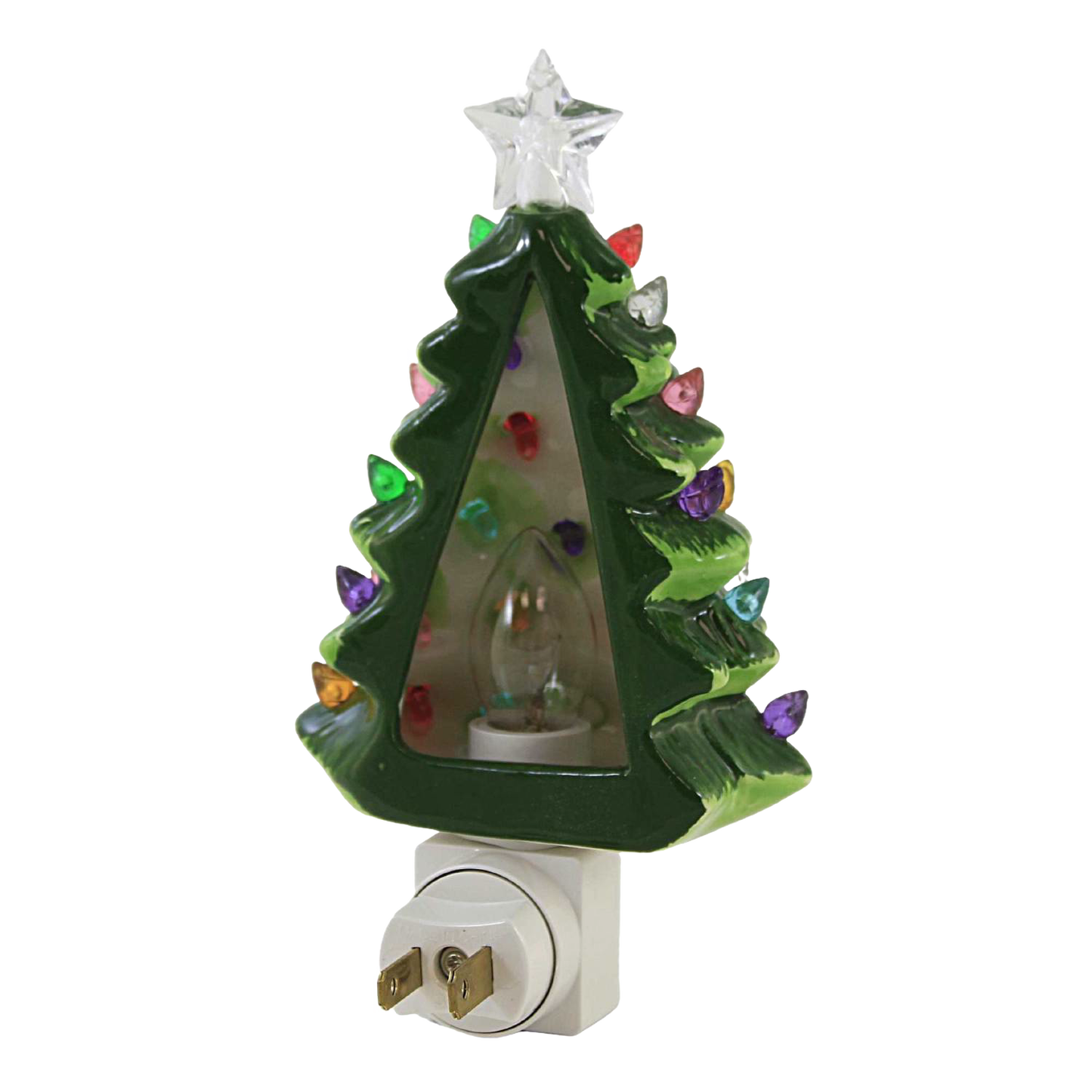 Handcrafted ceramic vintage-style tree nightlight with multicolored bulbs and a clear star topper, perfect for Home & Decor, Holiday Decor, Best Sellers, and Promo Eligible collections.