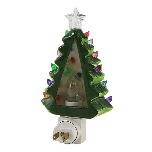 Handcrafted ceramic vintage-style tree nightlight with multicolored bulbs and a clear star topper, perfect for Home & Decor, Holiday Decor, Best Sellers, and Promo Eligible collections.