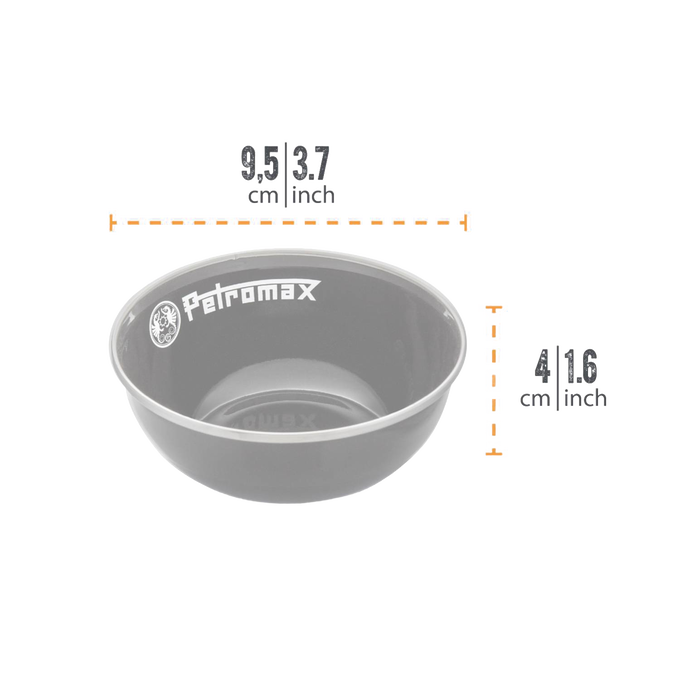 Gray enamel bowl with white Petromax logo, designed for durability and resistance to corrosion, heat, and scratches, ideal for camping, kitchen, and outdoor use in Farm, Garden & Tool, Kitchen & Food, Camping, Dinnerware, Best Sellers, and Promo Eligible collections.