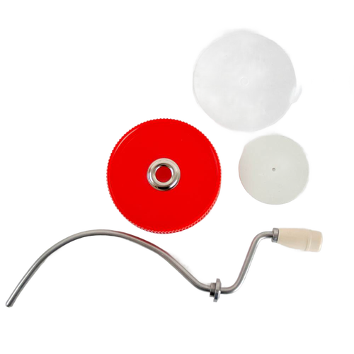 Handcrafted old fashioned peanut butter stirrer with molded plastic knob, metal crank, and vibrant red lid, made in USA and featured in Kitchen & Food, Food Prep, and Best Sellers collections.