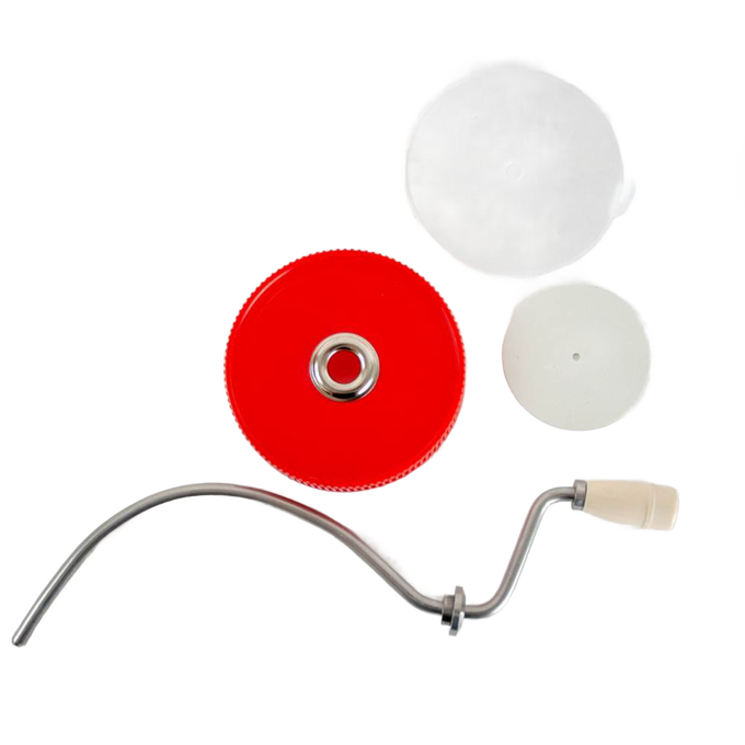 Handcrafted old fashioned peanut butter stirrer with molded plastic knob, metal crank, and vibrant red lid, made in USA and featured in Kitchen & Food, Food Prep, and Best Sellers collections.