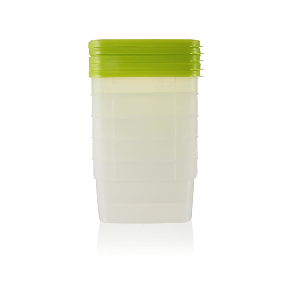 Set of durable 1-pint freezer storage containers with green lids, featuring quantity markings, BPA-free plastic, ideal for Kitchen & Food, Food Preservation, and USA Made collections.