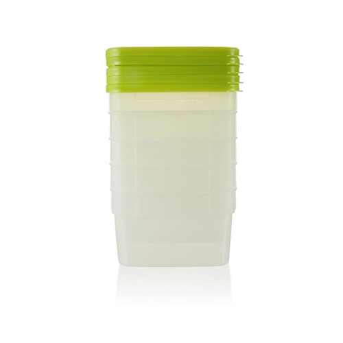 Set of durable 1-pint freezer storage containers with green lids, featuring quantity markings, BPA-free plastic, ideal for Kitchen & Food, Food Preservation, and USA Made collections.