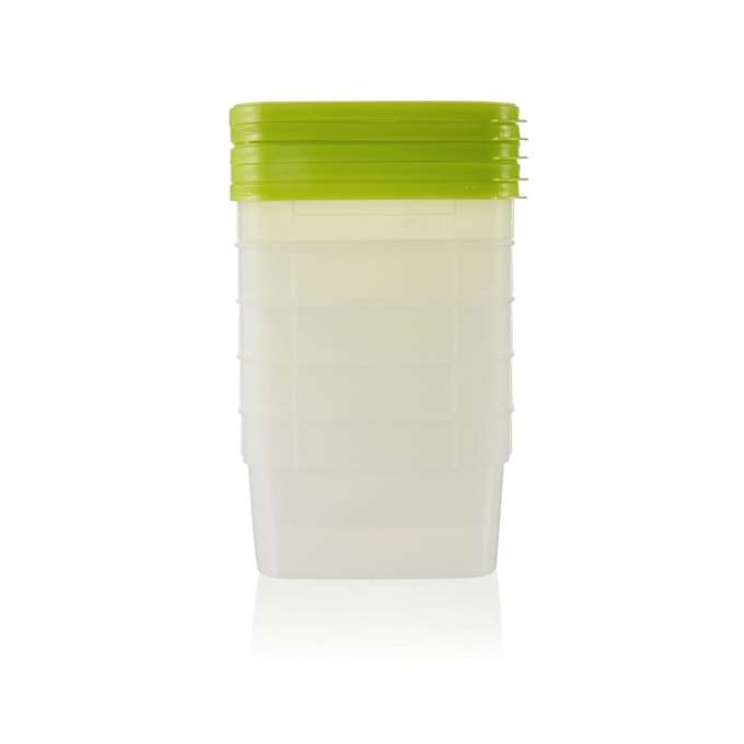 Set of durable 1-pint freezer storage containers with green lids, featuring quantity markings, BPA-free plastic, ideal for Kitchen & Food, Food Preservation, and USA Made collections.